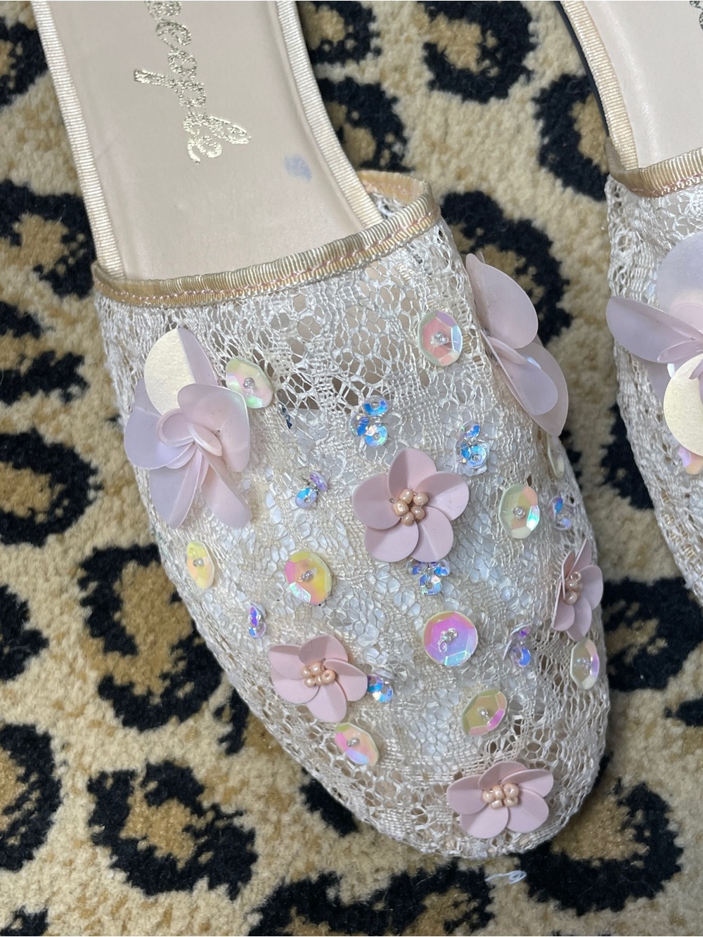 Free People Sequin Mesh Slip-On Mules with Pink Floral Appliqués - Picture 3 of 8